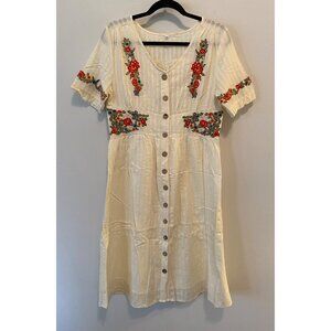 Rolee Cream Button-Down Dress Floral Embroidery Short Sleeves V-Neckline Medium